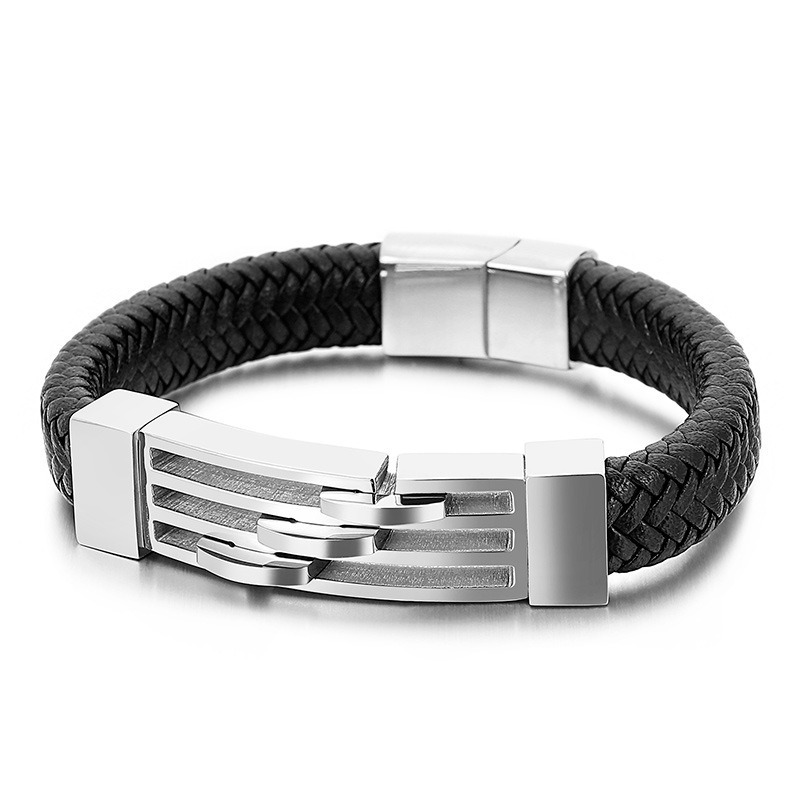 Men's Simple Braided Leather and Titanium Steel Bracelet - Bomisso