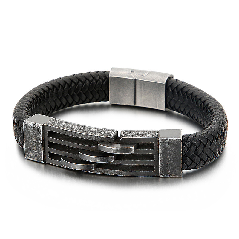 Men's Simple Braided Leather and Titanium Steel Bracelet - Bomisso